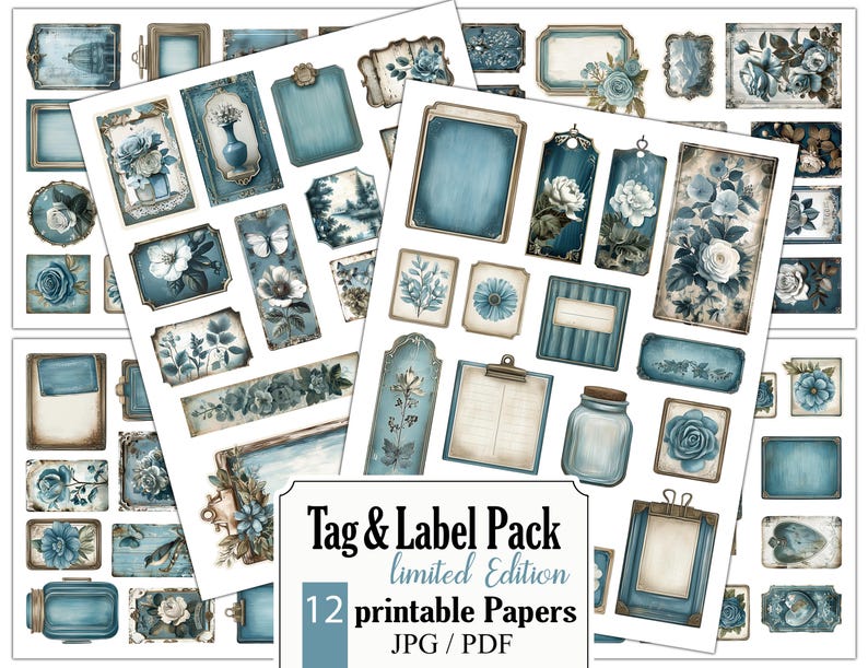 Pode incluir: Um conjunto de 12 pap&eacute;is imprim&iacute;veis com designs florais azuis e brancos, molduras e etiquetas. Os pap&eacute;is s&atilde;o perfeitos para scrapbooking, cria&ccedil;&atilde;o de cart&otilde;es e outras manualidades de papel. O texto na imagem diz "Tag & Label Pack edi&ccedil;&atilde;o limitada 12 pap&eacute;is imprim&iacute;veis JPG / PDF".