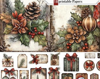 Printable Christmas Junk Journal - 18 Pages in PDF (8.5 x 11 inches), Kit, Ephemera Bundle, for Scrapbooks, Notebooks and Cards, STB20