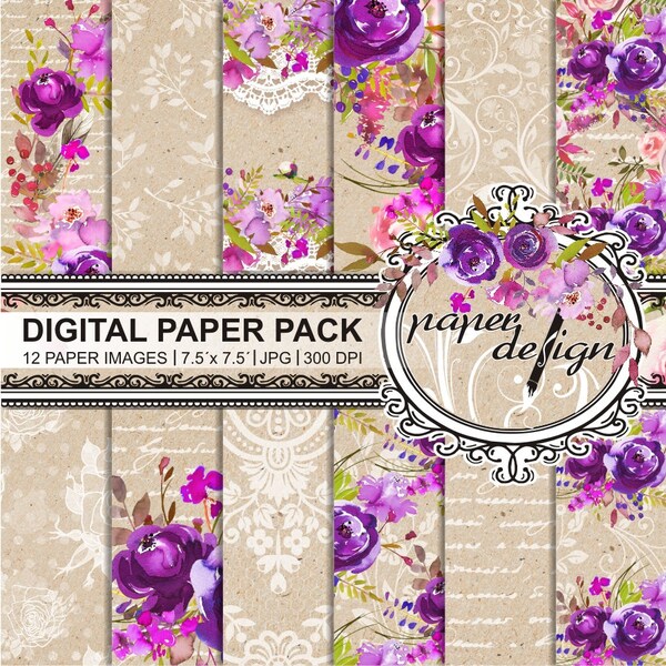 Watercolor flower digital paper pack - kraft paper scrapbooking - Craft Paper Lace Rosen Watercolour - romantic bloom #50