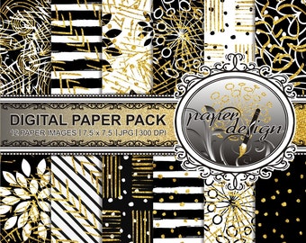 Planner paper background black white and gold pack glitter digital paper 7.5-inch x 7.5-inch #28