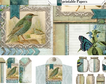 Printable Journal, Ephemera, Junk Journal, Journal Pages, digital Journal, backgrounds, ATC, Tags, Vintage Birds, Srapbooking, STB06