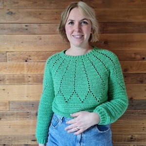 May include: A green crocheted sweater with a unique stitch pattern. The sweater has long sleeves and a round neckline.