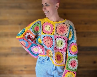 Patrón de crochet para jersey de pétalos de patchwork