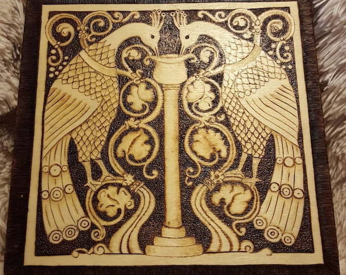 Peacock Pattern Hand Burned on Wooden Cigar Box, Lined