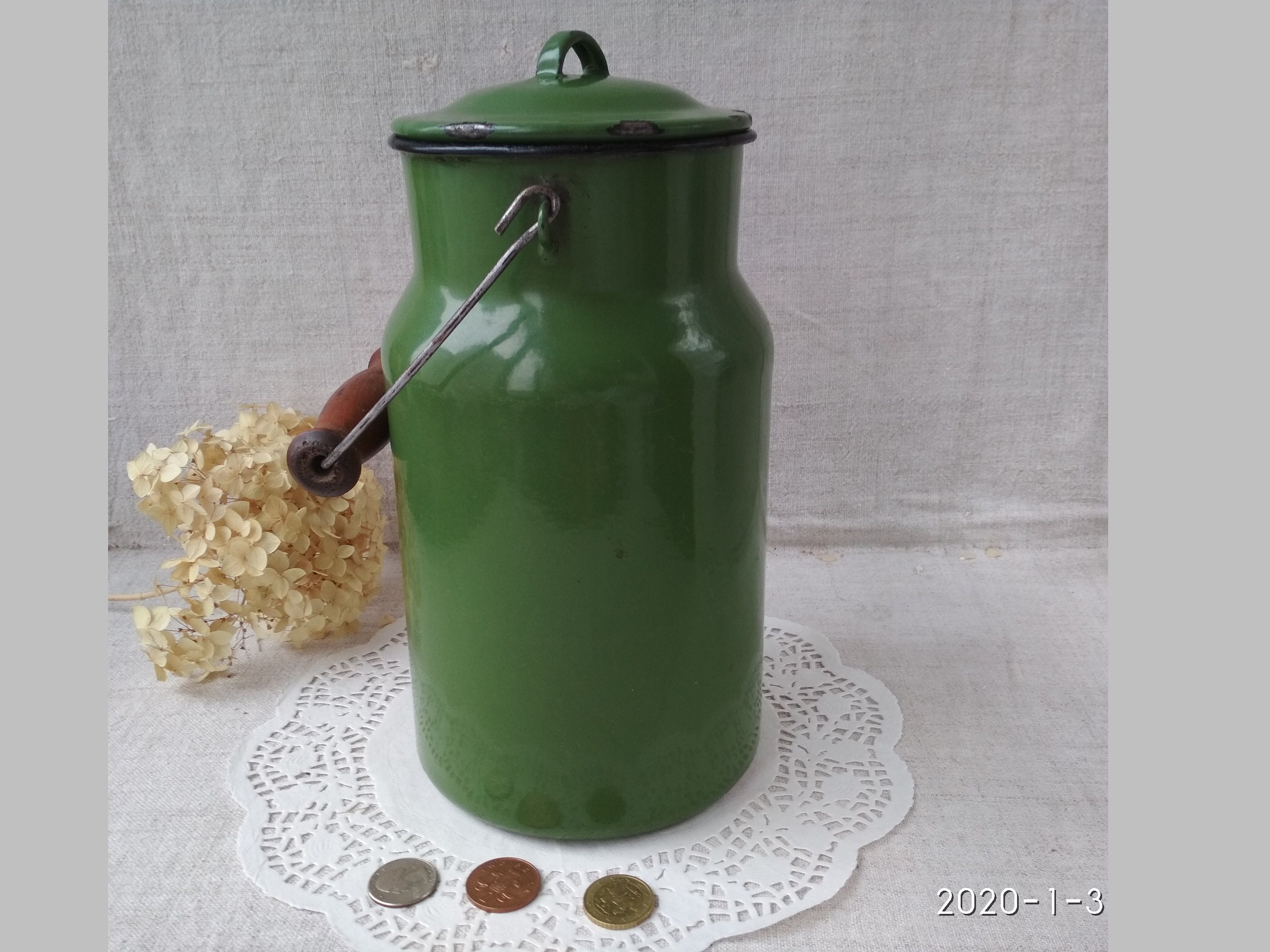 Vintage Green Enamel Milk Pot Milk Pail Can French Jug Etsy