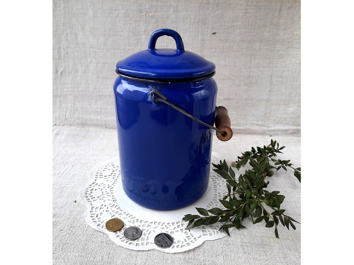 Vintage Cobalt Blue Enamel Milk Pot Farmhouse Pail Can French Etsy