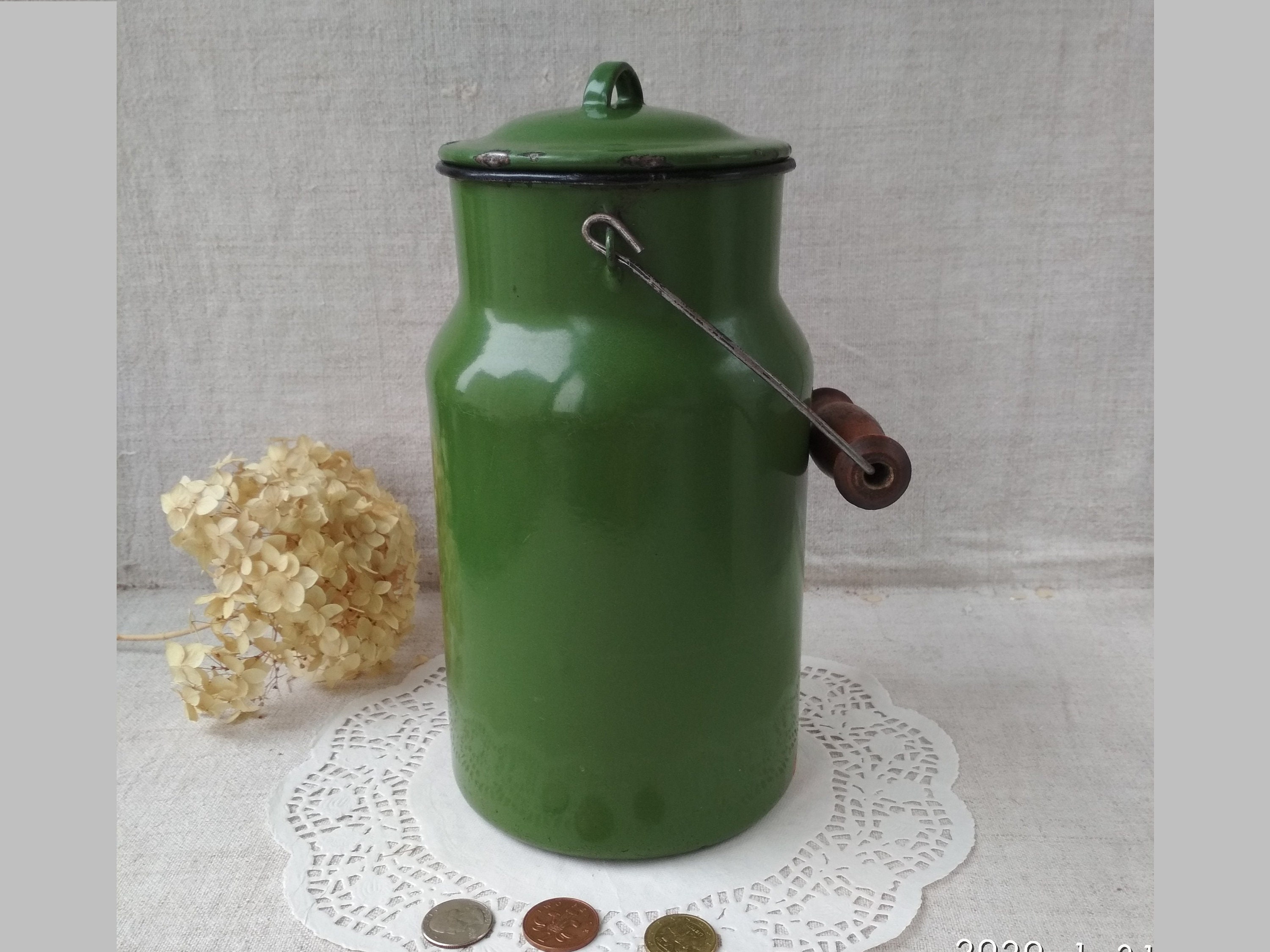Vintage Green Enamel Milk Pot Milk Pail Can French Jug Etsy
