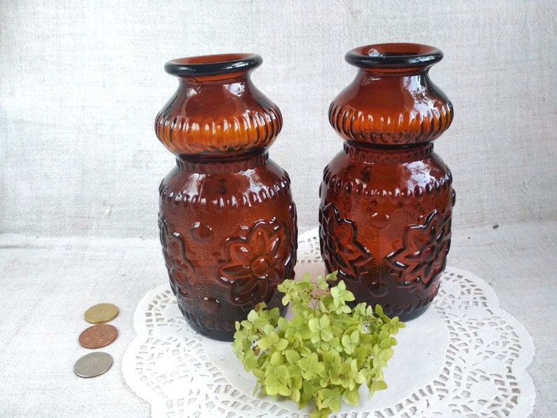 Soviet Vintage Amber Glass Vase Brown Glass Vase With Floral Etsy