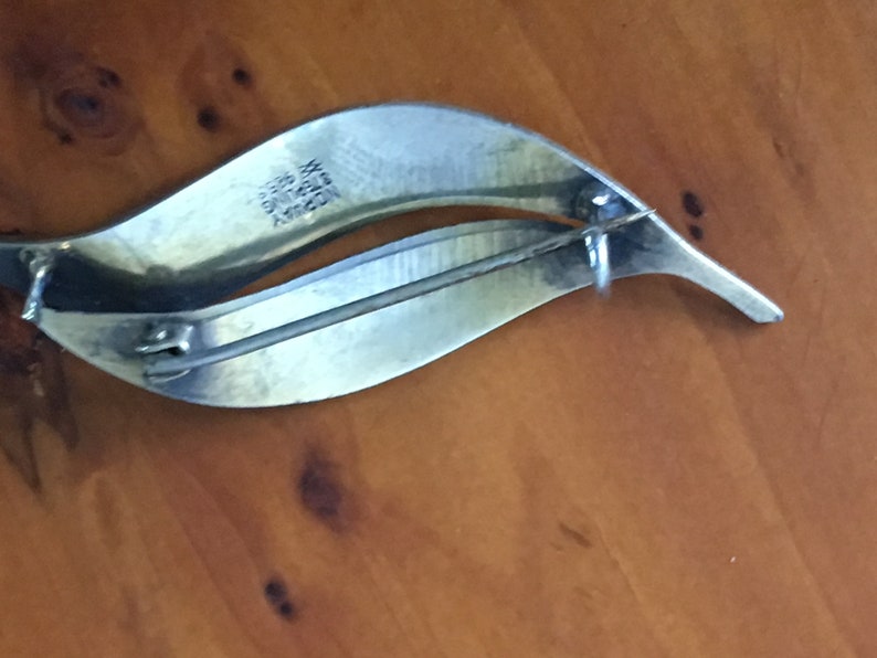 Vintage  Silver Gilt Norway Aksel Holmsen Leaf Pin Brooch White Enamel 925