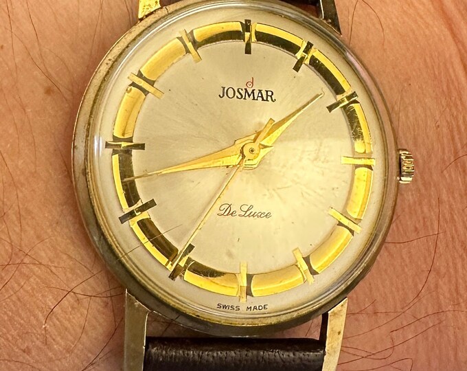 Rare Vintage Josmar De Luxe wrist watch Very unusual gold Embossed Dial