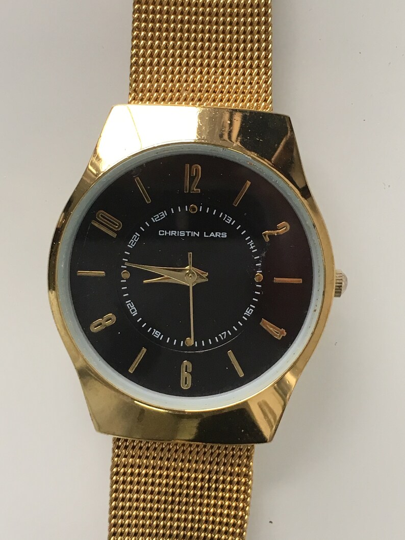 Christin Lars Gold Watch With Round Black Dial Mesh Bracelet Etsy