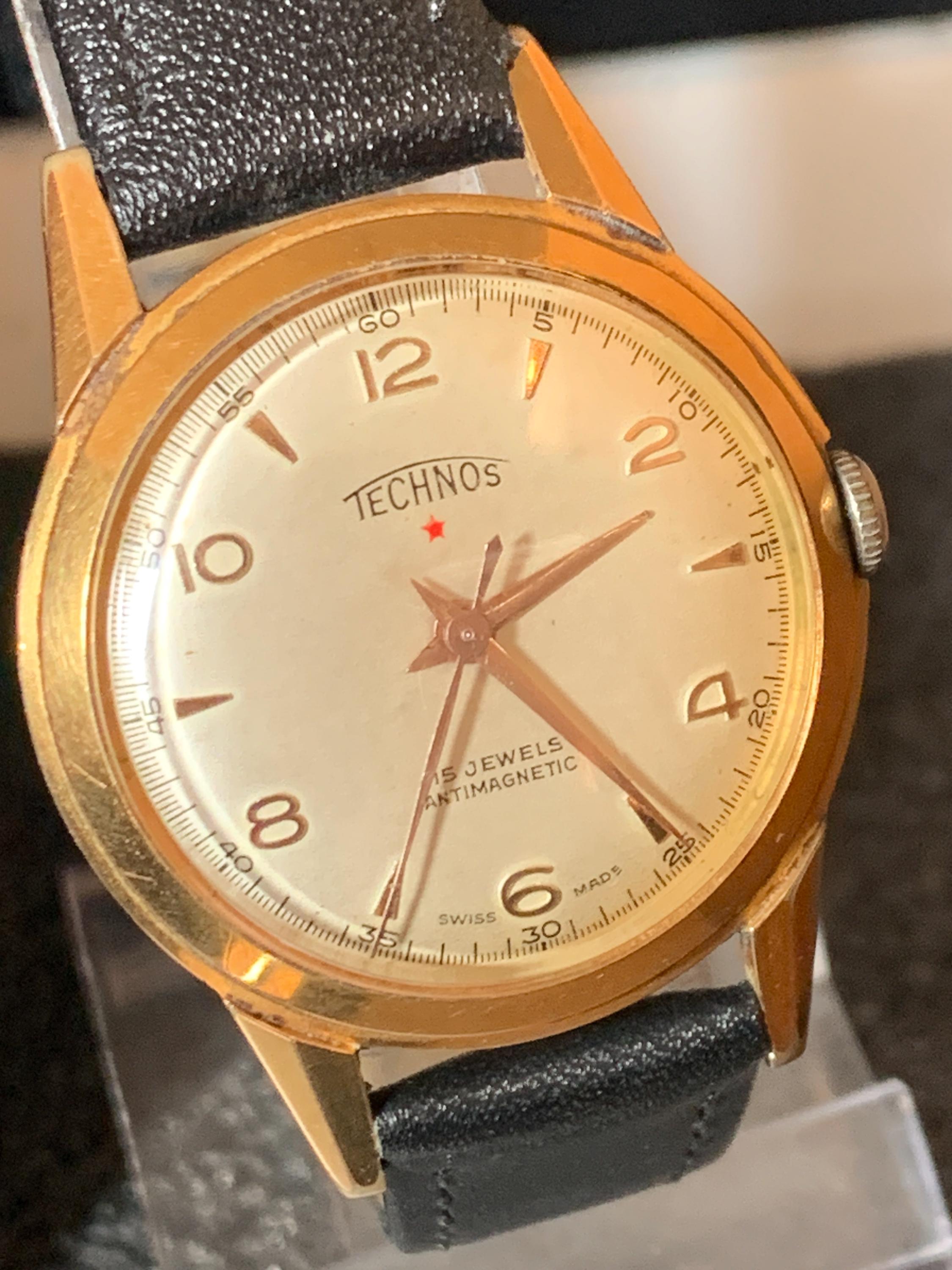 Vintage Gents 1960s Technos Wrist Watch With Military-style Dial