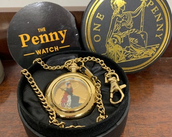 Montre de poche Half Hunter One Penny Watch 1914 penny avec chaîne, boîte d'origine et livret