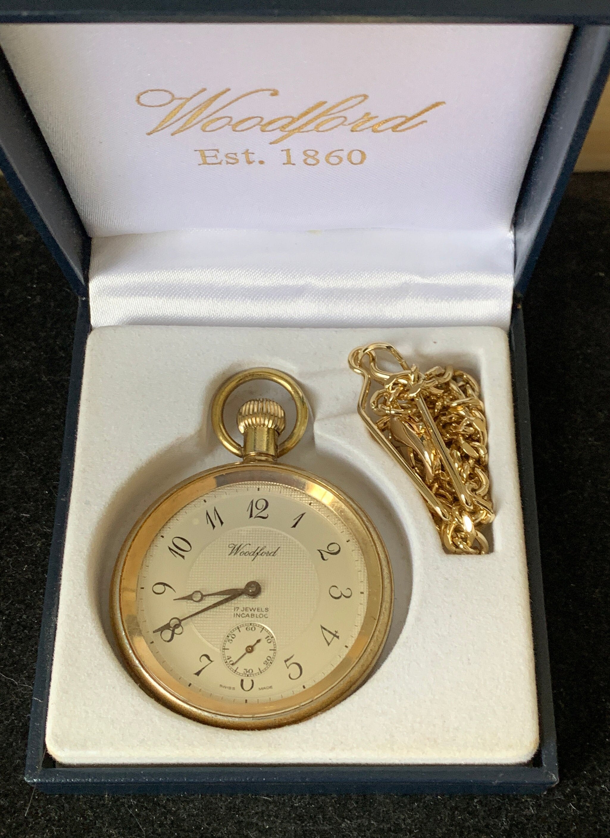 Woodford Gold Tone 17 Jewel Open Face Pocket Watch With Textured