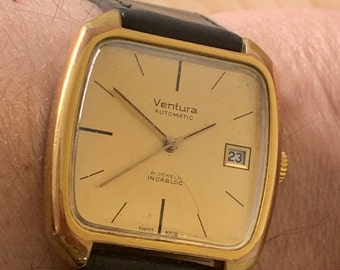 Rare Vintage Ventura Mens Automatic 21 Jewels Date Gold Plated Watch C1980s