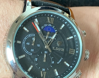 Lige Chronograph watch with Day Night Dial, Chrome case, Black dial