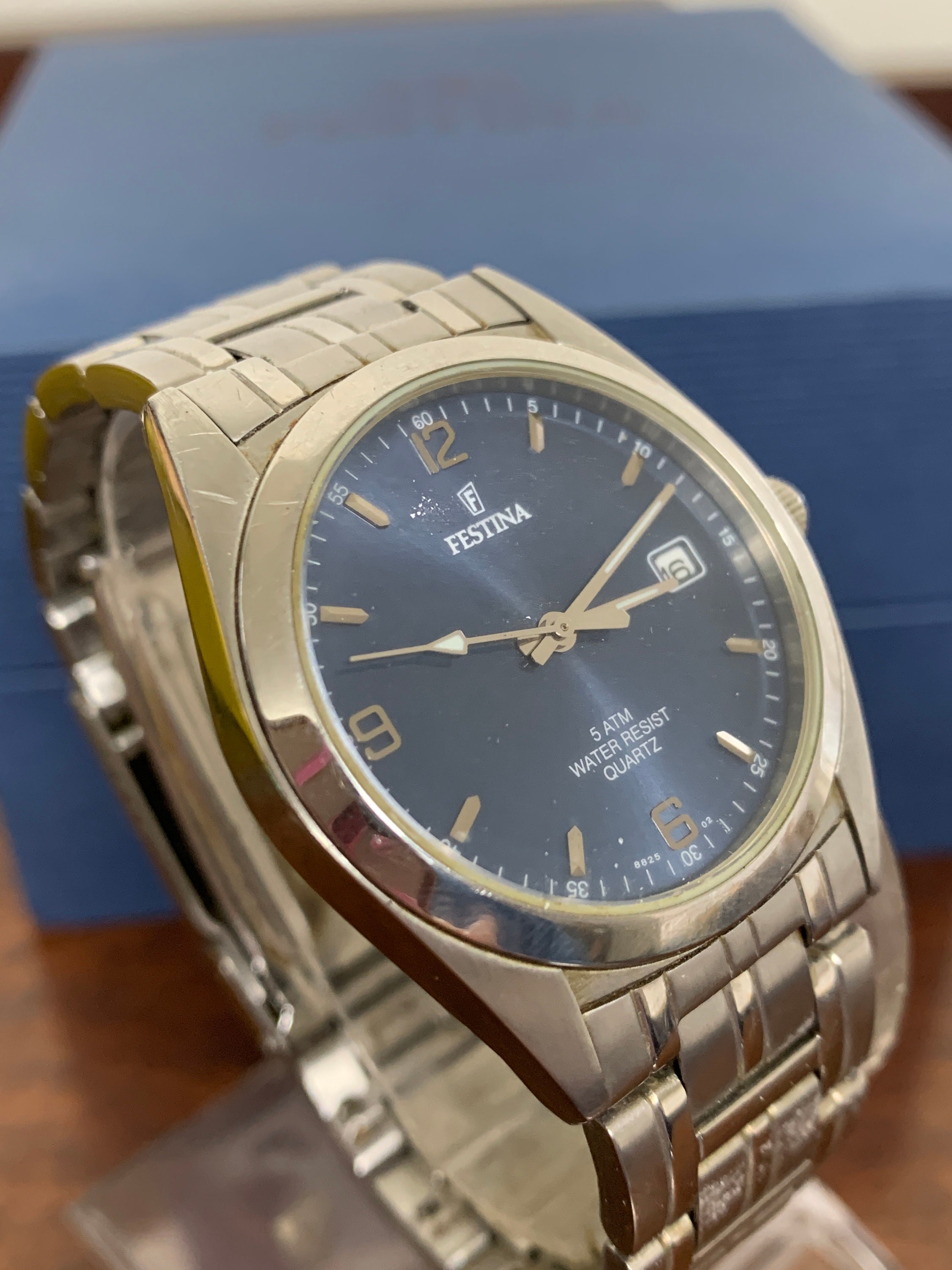 Vintage Festina Gents Bracelet Watch 8825 Blue Dial and Date All Stainless Steel Etsy UK