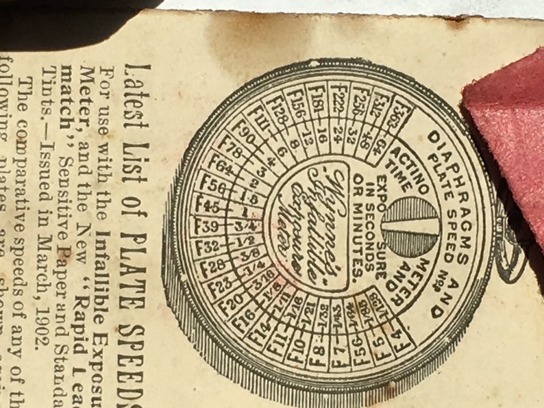 Op de afbeelding: Een vintage cirkelvormige belichtingsmeter met de tekst "Wynne's Infallible Exposure Meter". De meter heeft een wijzerplaat met cijfers en markeringen voor plaat snelheden, diafragma's en belichtingstijden. De afbeelding komt uit een gedrukt document.