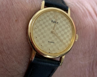 Vintage Pulsar By Seiko Damski zegarek kwarcowy Złoty zegarek w kratkę V232-0180