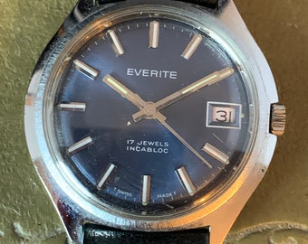 Vintage Everite Gents watch, Blue dial with date aperture at the 3 In Watch Tin