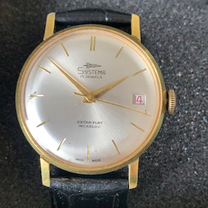 Vintage Mens Gold Plated Systema Extra Flat Incabloc Date Wrist Watch ST 96-4