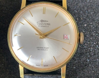 Vintage Mens Gold Plated Systema Extra Flat Incabloc Date Wrist Watch ST 96-4
