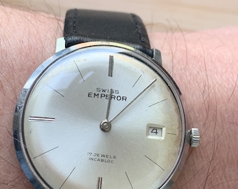 Reloj de vestir fino de acero inoxidable para hombre, emperador suizo de los años 60, 17 joyas Incabloc en estado original