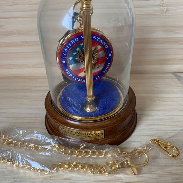 Franklin Mint "United We Stand, 9/11 Twin Towers" Pocket Watch with stand and dome