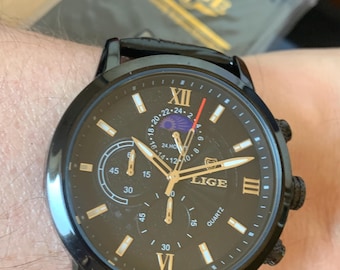Lige Chronograph watch with Day Night Dial, Black case, Black dial