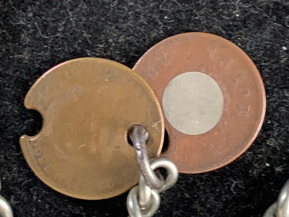 Antique White Metal Albert chain with  coins/ tokens View 2