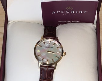 Beautiful Ladies Accurist MOP Style Dial Watch 8229  Brown Leather strap and original box