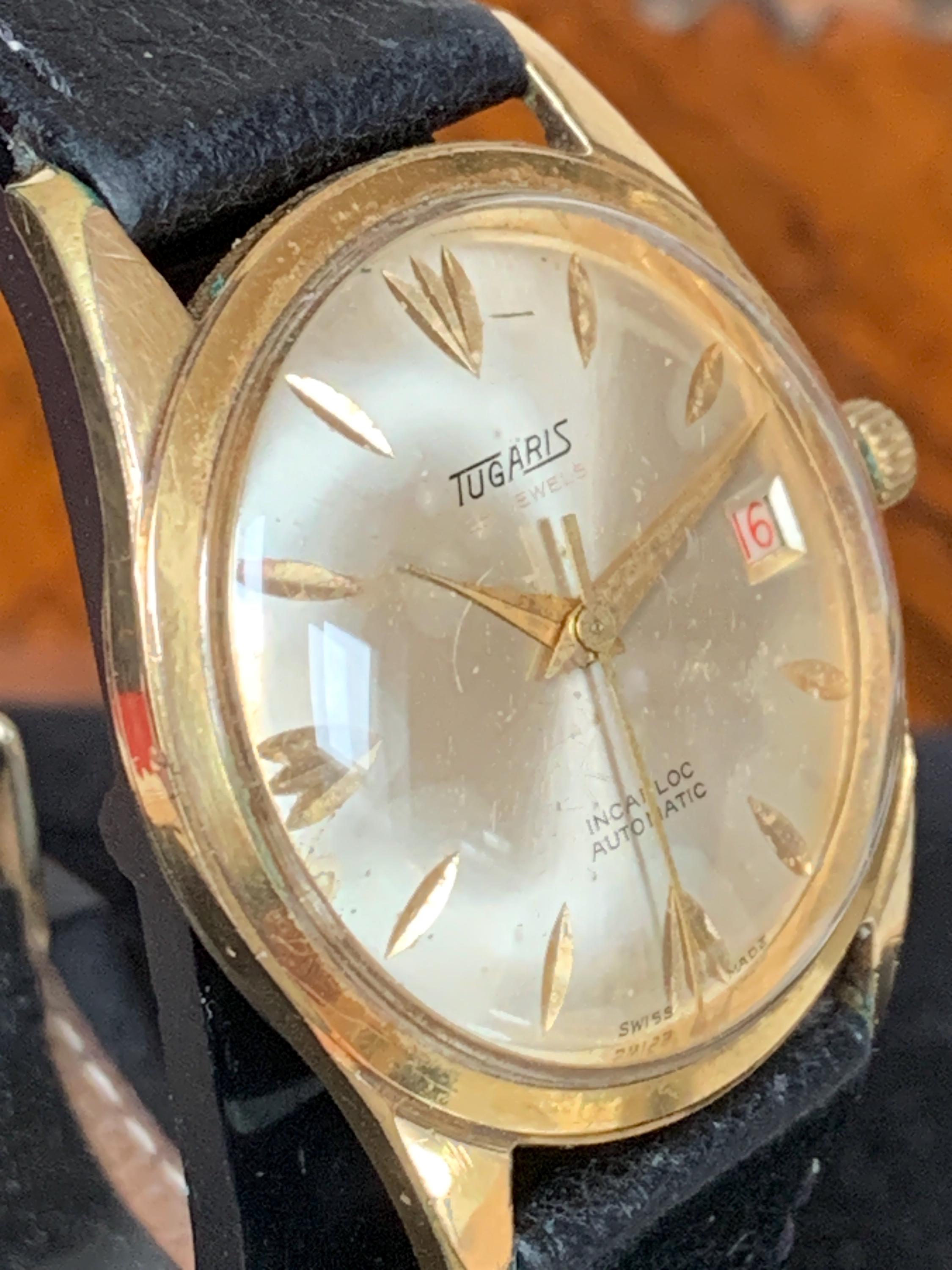 TUGARIS 自動巻き　６０年代？　スイス製　２５石　黒文字盤　動作品　ジャンク HA-6765| TUGARIS タガリス 自動巻き 25石 未使用 希少品