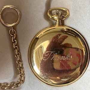 Vintage Uno Full hunter &quot;Thanks&quot; Quartz pocket watch with Tone Gold Case with date and Albert Chain Boxed