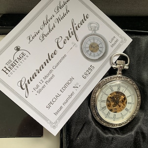 Silver Plated Lolre Skeleton Pocket Watch Roman numbers