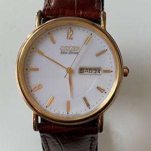 Gents Citizen Eco drive E101 S015588 Gold Tone White Dial Watch W day Date on Original Citizen Strap Etsy India