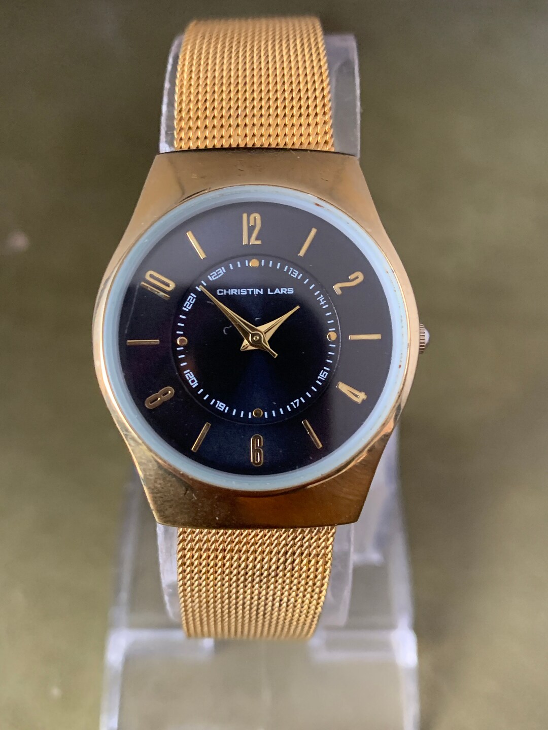 Christin Lars Gold Watch With Round Black Dial Mesh Bracelet Etsy