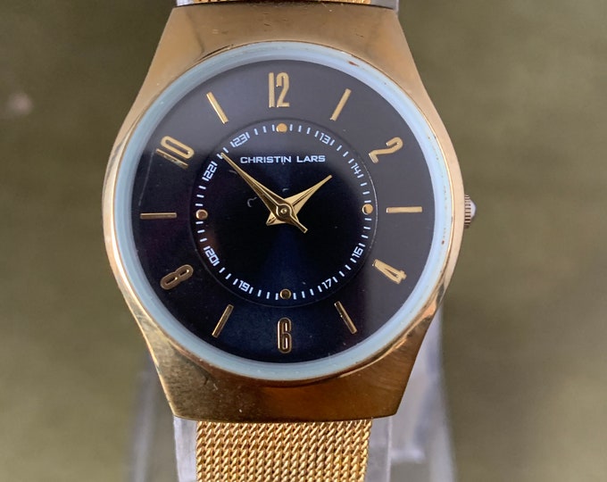 Christin Lars Gold Watch With Round Black Dial Mesh Bracelet Strap . Etsy