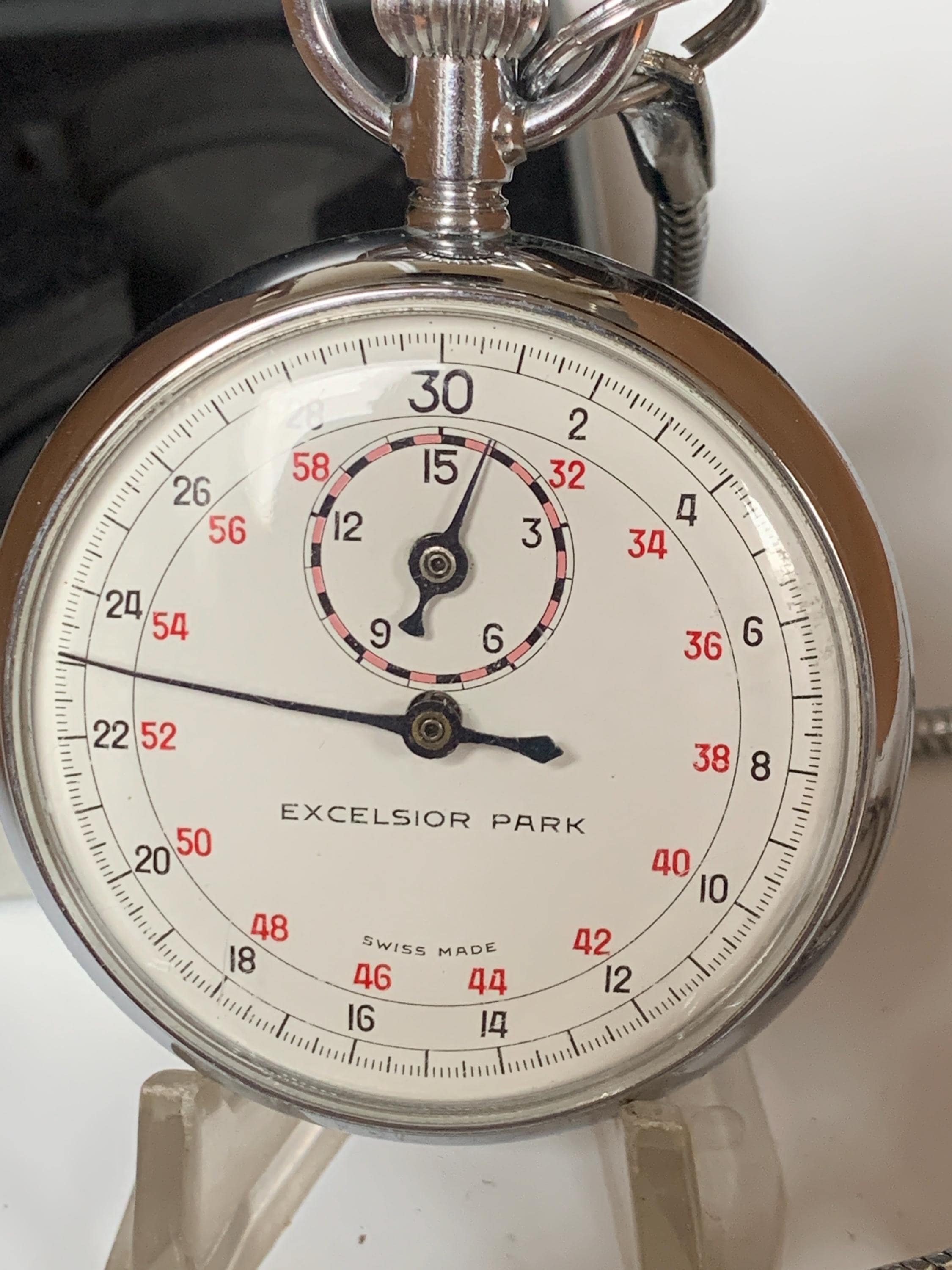 VINTAGE EXCELSIOR A.J.C.  STOPWATCH MANUAL WIND MOVEMENT STAINLESS STEEL !! Rare Antique Silver Excelsior Lever Stopwatch main image 2