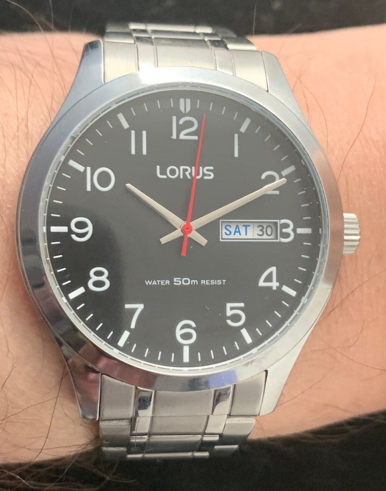 Large Mens Lorus Watch By Seiko Day Date Black Dial Watch Etsy