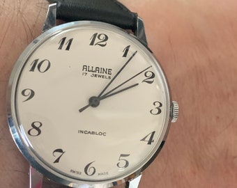 Vintage Allaine 17 Jewels Gent's Man's White Dial Manual Wind Watch FE 140-C Movement