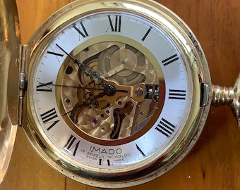 Gents Imado Gold Tone Mechanical 17 Jewels Full Hunter Swiss Made Pocket Watch AF