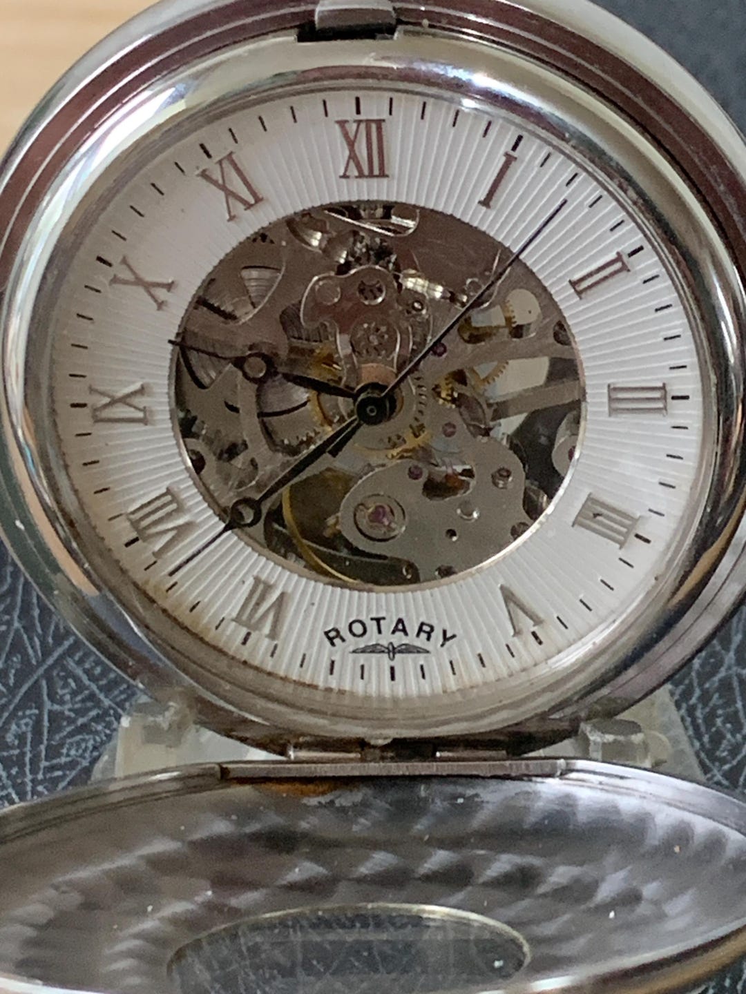 Rotary Double Half Hunter Silver Tone Skeleton Double Pocket Watch With