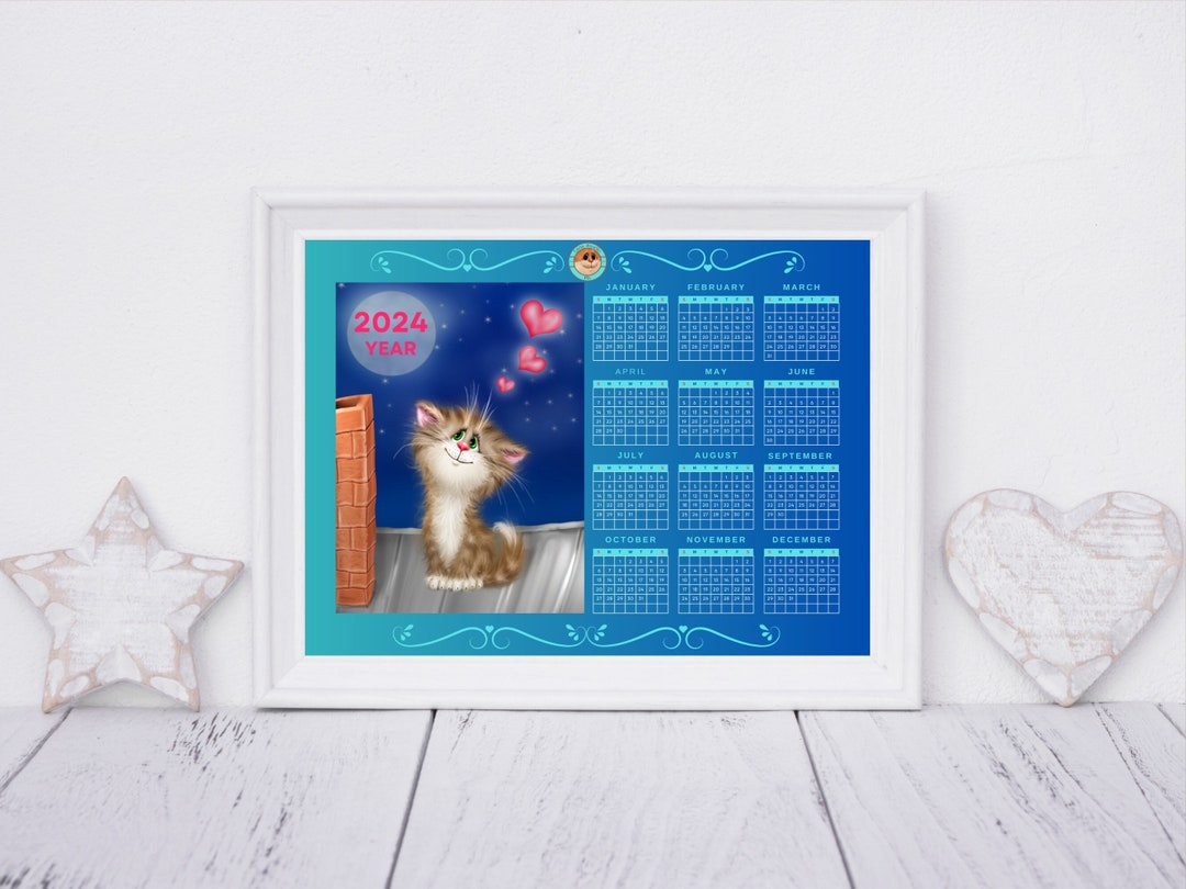 Kitten Illustrated Yearly Calendar. Cute Art. Illustrated Cat Wall Calendar. Adorable Cat