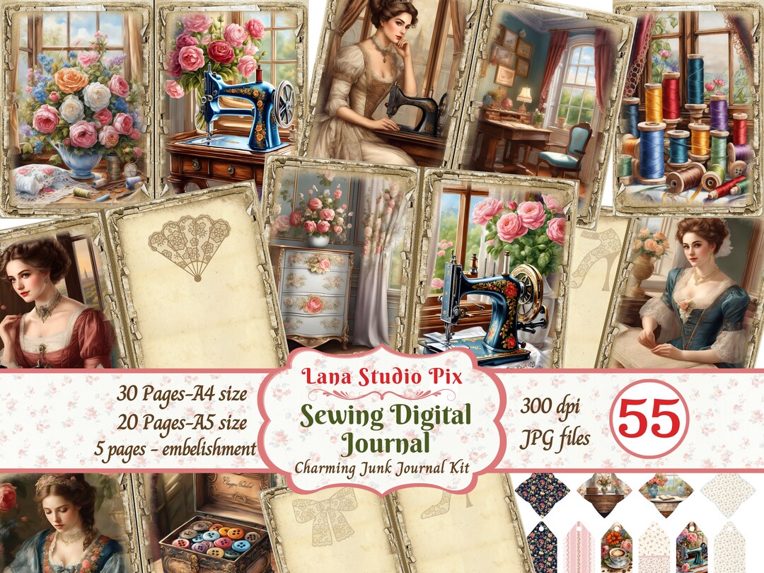 Vintage Sewing Junk Journal Pages, Digital Scrapbook Paper Kit ...