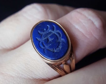 Vintage & Antique 1803 Georgian Lapis Lazuli Intaglio Signet Sentimental Memorial Mourning Ring in 15K Rose Gold | TheIdolsEye