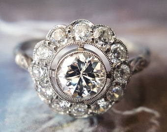 Diamond Engagement Ring | Vintage Engagement Ring | Art Deco Engagement Ring: Old European Cut Diamond Halo Engagement Ring in Platinum