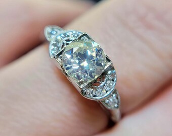 Vintage & Antique 1930s Art Deco Edwardian 0.89 Carat Total Weight Old European Cut Diamond Engagement Ring in 18K White Gold | TheIdolsEye