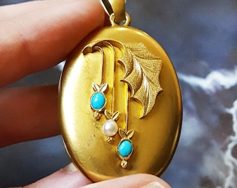 Vintage & Antique 1910s Austro-Hungarian Edwardian Art Nouveau Turquoise Pearl Locket Pendant in 14K Yellow Gold | TheIdolsEye