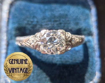 Vintage & Antique 1910s Edwardian Art Deco 0.68 Carat Total Weight Old European Cut Diamond Engagement Ring in Platinum | TheIdolsEye