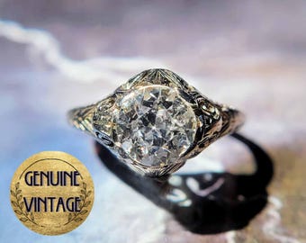Vintage & Antique 1920s Art Deco Edwardian 1.15 Carat Total Weight Old European Cut Diamond Engagement Ring in 18K White Gold | TheIdolsEye